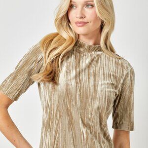Mystree Velvet Mock Neck Top Champagne Gold Crushed Velvet Short Sleeve Blouse